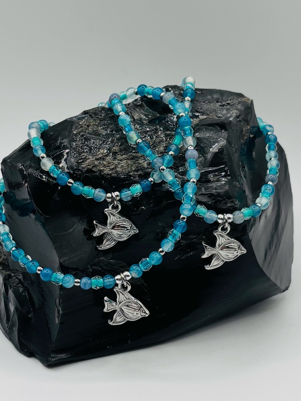 *ANKLET* S. Steel Silver Cute Fish with Agate Stone & Crystal Stretchy Anklet